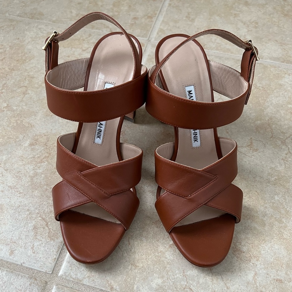 Monolo Blahnik brown strap heels